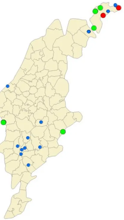Figur 5. Besökta lokaler under inventeringen. Gröna prickar visar lokaler med bekräftade förekomster av sydlig  ladlav, röda visar lokaler med obekräftade fynd av sydlig ladlav och blå prickar är besökta lokaler utan fynd av  sydlig ladlav