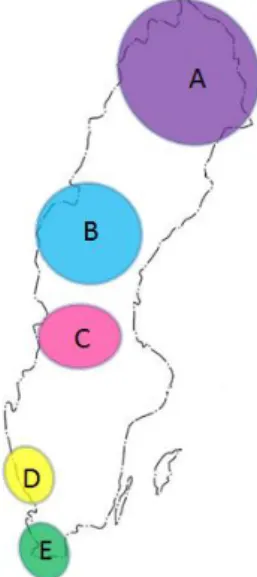 Figure 4: The different areas studied and their distribution over Sweden. 