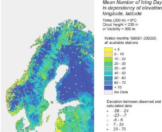 Figure 1: Icing map of Scandinavia with estimated number of icing days (Ronsten 2008) 