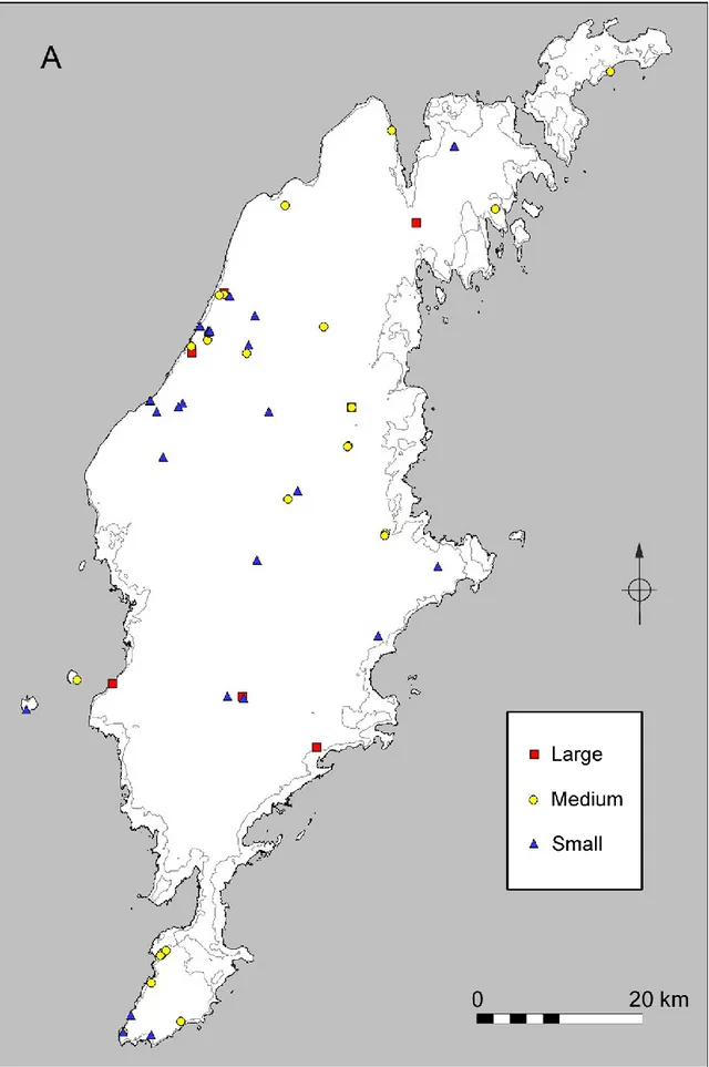 Figure 7. Map over Gotland with the coastline at 4000BP showing the size of features with presumed  late Neolithic - early Bronze Age stone cists