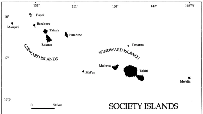 Figure 1. Map of the Society Islands. Huahine is the eastern most islands of the Leeward group