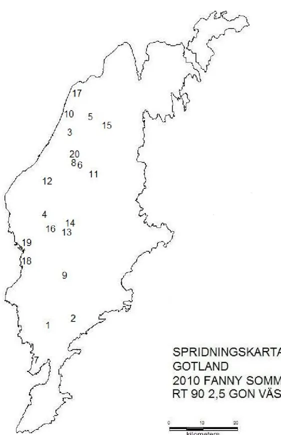 Fig. 5: Bronssvärdens spridning över Gotland. Teckenförklaring följer på nästa sida.