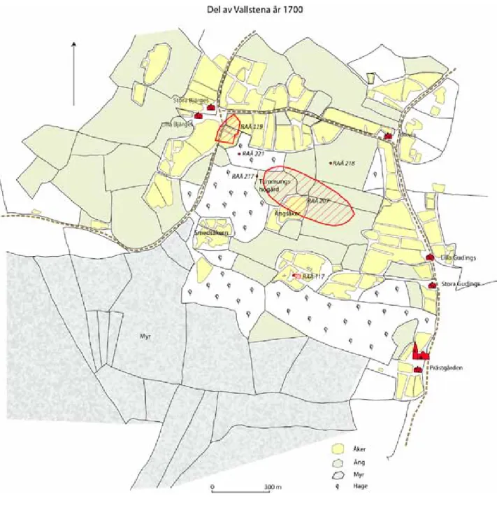 Figur 2. Landskapet under 1600-tal, sammanlagd med fornlämningarna. Noteras bör att den  nordvästra delen av markeringen för Gudingsåkrarna, den som utgör fyndplats för föremålen  från vikingatid, utgörs av Tummungs högård och Ängsåker