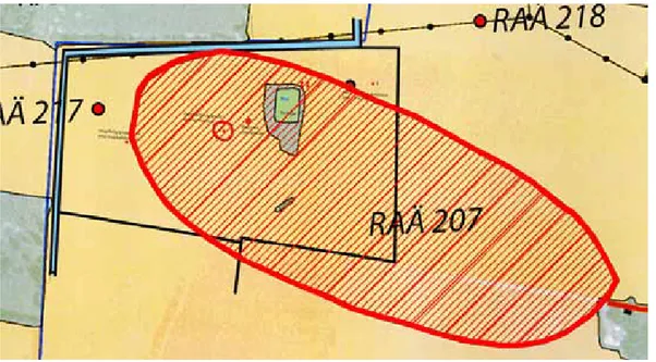 Figur 4. Kartan bygger på Nihléns rapport (ATA dnr 465/32). Hans undersökningar är öster  om bryan, där 1–4 markerar hans fyndplatser