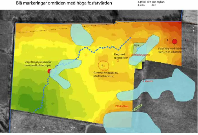 Figur 5. Mätpunkter var 5 meter i linjer (nord–syd) och 15 meter emellan. Varje färgnyans  innebär en nivåförändring på 10 cm (grönt lågt, rött högt)