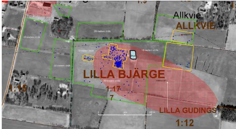 Figur 6. Områden som undersökts med metalldetektor. Områden inramade av gul linje  markerar ytor som totaldetekteras, övriga områden undersöktes i sökstråk med 10 eller 20  meters mellanrum