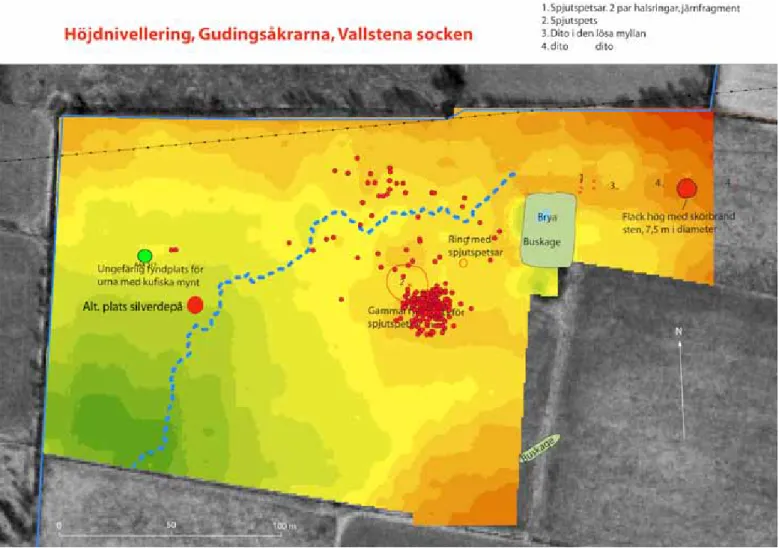 Figur 7. Fynden från Gudingsåkrarna sammanlagd med silverföremål (röd prick) påträffade  vid metalldetektorundersökningen