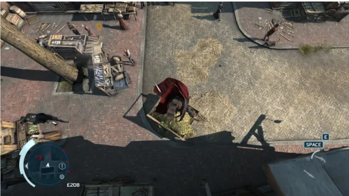 Figure 8: the player moves at an increased speed as the avatar jumps from a rooftop in  Assassin’s Creed 3
