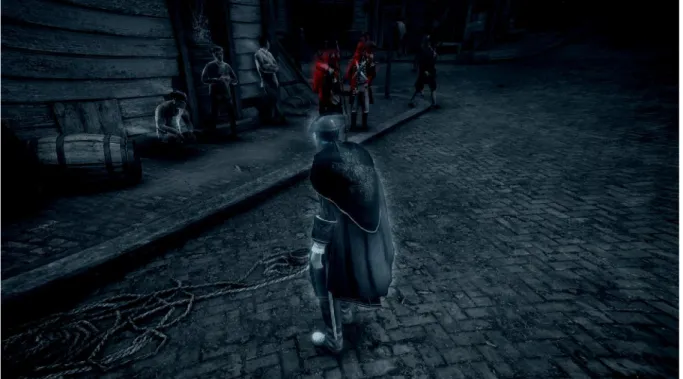Figure 11: a player controlled post processing effect showing civilians and enemies in  Assassin’s Creed 3