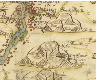 Figur 4. Olof Schallrooths karta från år 1677 med kvarnstensbrottets berg och   namn 