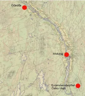 Figur  3.  Karta över Malung, Gärdås och Kvarnstensbrottet Östra Utsjö. Lantmäteriet. Jag har 