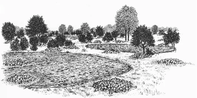 Figur 5. Illustration av röjningsröselandskap. (Pedersen &amp; Widgren 1998, s. 275)   C14-dateringar under rösena och pollen-/makrofossil-analys visar att under mesolitikum och  fram till senneolitikum var området skogklätt utan spår av bete eller odling 