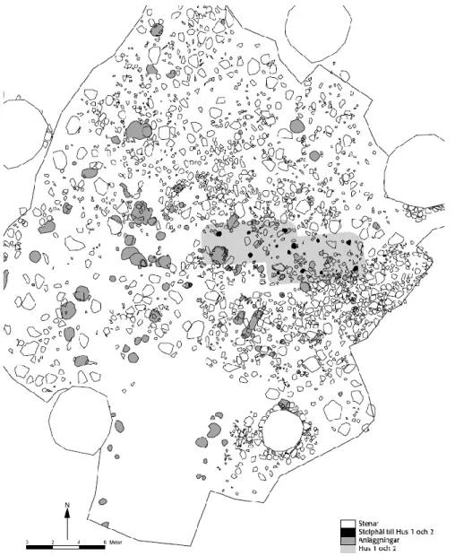 Figur 7 Detaljplan över en schaktyta i röjningsröseområde i Hamneda. Ytans placering  inom röjningsröseområdet framgår av figur 6 (Efter Lagerås 2000, s