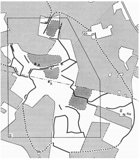 Figur 9. Exempel på stengrundsområde på Gotland. Från Sjonhem socken. Svarta linjer  – bevarade stensträngar, streckade linjer – antagna stensträngar, grå ytor – fossil åker,  skrafferade ytor – sentida odling