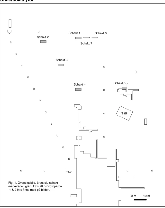 Fig. 1. Översiktsbild, årets sju schakt  markerade i grått. Obs att provgroparna  1 &amp; 2 inte finns med på bilden.