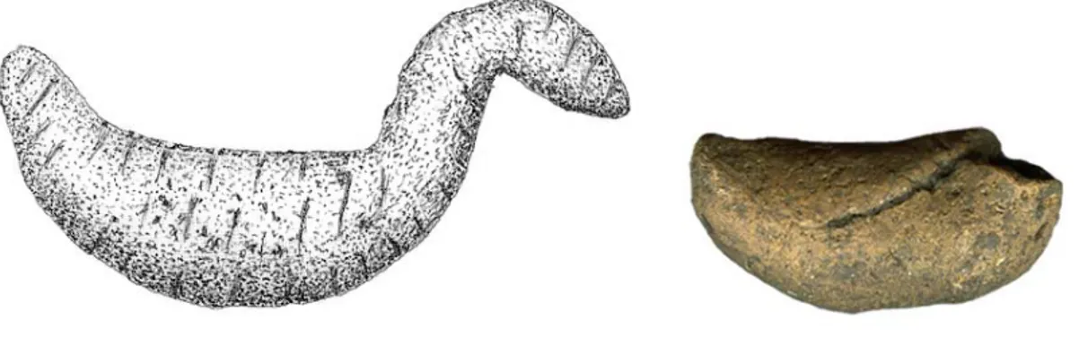 Fig. 3. Till vänster lerfigurin från Grav 62. Teckning Sven Österholm. Till höger figurin ID:128962.