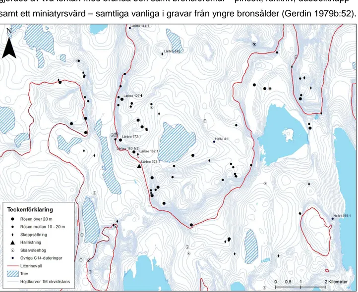 Figur 2 - karta över område Norr med fornlämningsurvalet och torvlager enligt geologisk information