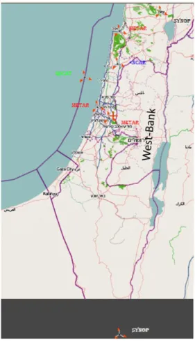 Figure 7: Available METAR, NCAR, QSCAT, SYNOP  metrological stations in Palestine/Israel, the map  from http://www.openstreetmap.org/, edited by  the author