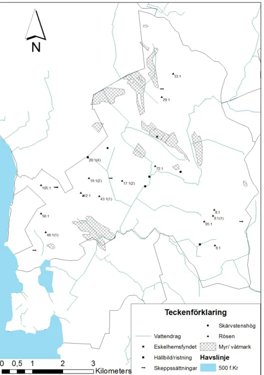 Figur 10 är baserad på skattläggningskartan över Eskelhems socken från år 1744,  där myrmarker, vilka inte existerar idag, visas