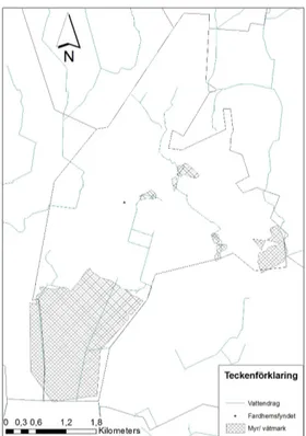 Fig 11: Översiktskarta över Bro socken, där myrmark,  vattendrag och depåfyndet (nämnt nedan) är markerade