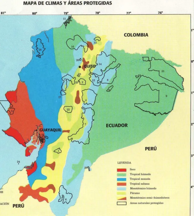 Fig. 1. Map of Ecuador, showing the location of the Cayambe-Coca Ecological Reserve, nr 14 ( Mapa  físico, República del Ecuador 1999 )