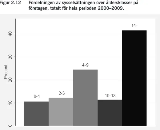 Figur 2.12  Fördelningen av sysselsättningen över åldersklasser på  företagen, totalt för hela perioden 2000–2009