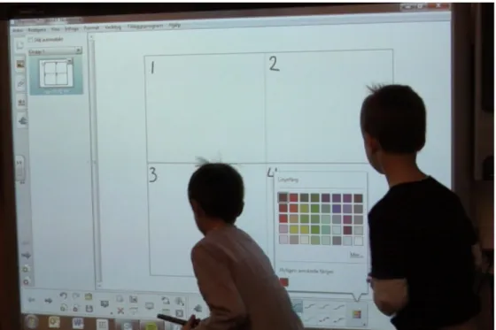 Figur 1. Den interaktiva skrivtavlan med det av läraren förberedda rutnätet.