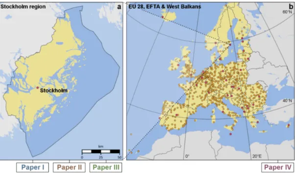 Figure 2: Overview of the thesis study sites from Paper I-IV. (a) Paper I-III consider the region of Stock- Stock-holm, Sweden and (b) Paper IV includes 660 cities located in the European Union (EU 28), EFTA  (Euro-pean Free Trade Association) and West Bal
