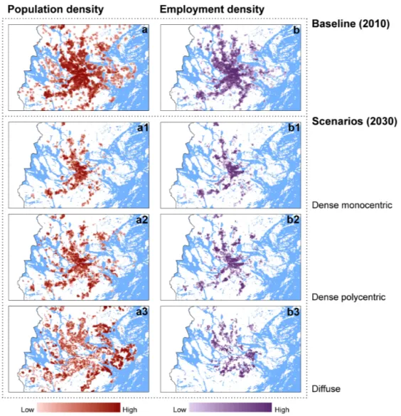 Figure 7: Baseline (2010) and projected (2030) population and employment density scenarios in the Stockholm region