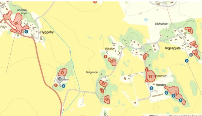 Fig. 10. Ranstensborgen och Ingespjuta till höger, Grundby limpa uppe till vänster. Urklipp från Fornsök 