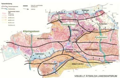 Fig. 1. Landskapsanalys. En förbindelse mellan Mälaren och Hjälmaren (numera Eskilstunaån) går strax öster  om Tumboåsen