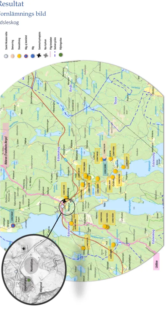 Figur 7. Fornlämningsbild över Edsleskog med in zoom över eventuell plats för träkyrka