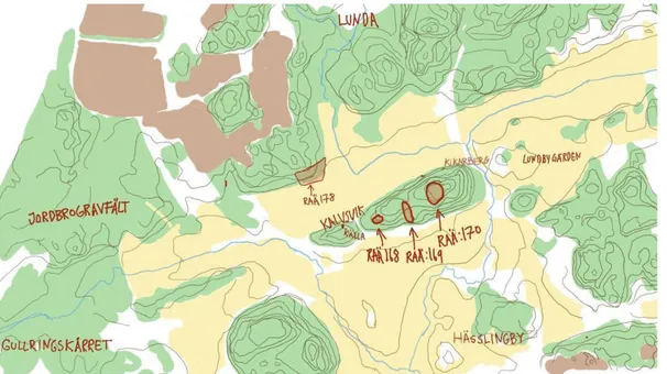 Figur 10: Karta över Kalvsvik och de omkringliggande gårdarna. Källa: Kartan är ritad av  författaren med kartan i Fornsök som förlaga
