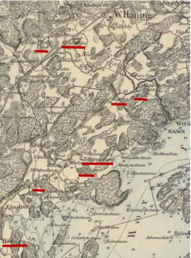 Figur 17: Karta med de ortnamn studien tar upp understrukna. Källa:  generalstabskarta ©Lantmäteriet Gävle 2011