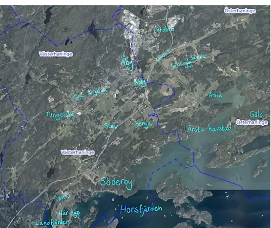 Figur 6: Dagens gräns mellan väster och Österhaninge. Källa: Grundkartan är hämtats på Fornsök