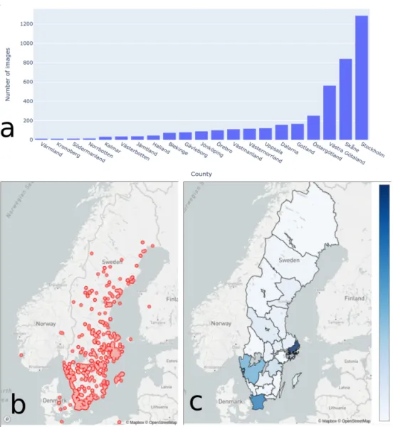 Figure 2.5: Geographical distribution of the contributed images. Most of the images came from the most populated counties Stockholm, Sk ane and V• astra G• otaland (a)