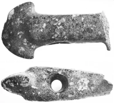 Figur  3  Den  delvis sönderslagna  dubbeleggade stridsyxan  som  framkom  i  fyllningen  över  skelettet i  grav 18  i  Visby