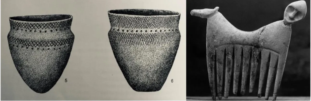 Figur 4. Till vänster: GRK keramik från Hemmor respektive Gullrum, Gotland. Båda kärlen uppvisar den ”svaga”  trattformade mynningen och där under ”skuldran”