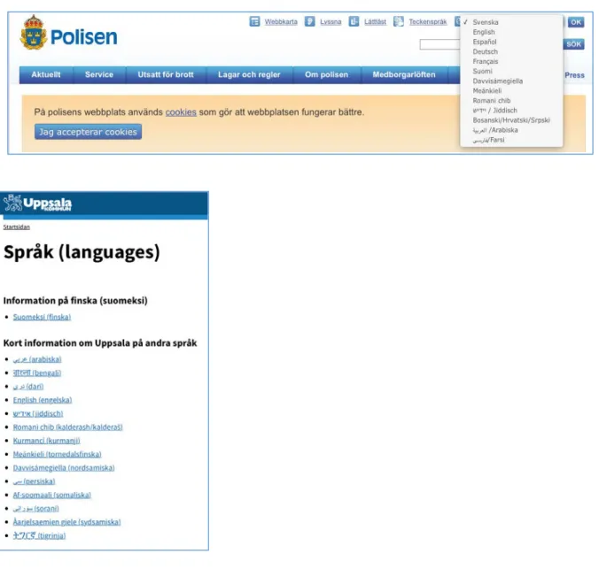 Figur 2. Språkval på polisens och Uppsala kommuns webbplats (den 25 januari 2017). 