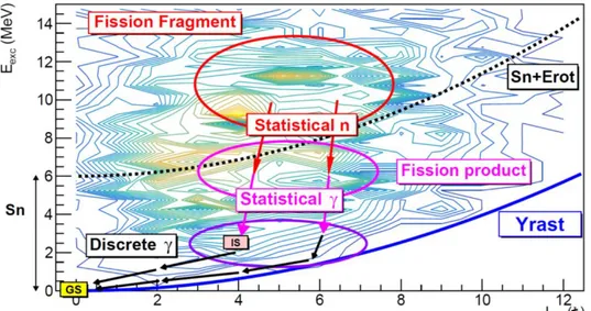 Figure 3: Illustration of the de-excitation of the fission fragment. Right after scission, the resulting fragments are highly excited