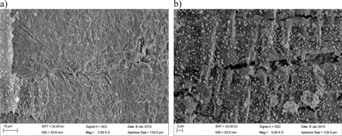 Figure 17. a) Cu surface prior to ultrasonic cleaning with grain boundaries and slip lines  visible