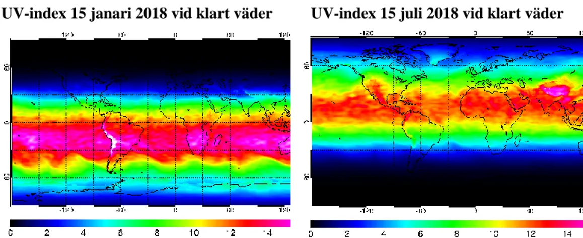 Figur 8. UV-index för molnfria förhållanden mitt på dagen den 15 januari och 15 juli 2018, baserat  på globala satellitmätningar av ozon och modelldata[7]