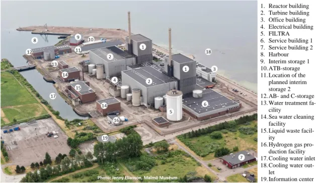 Figure  2-1.  Barsebäck nuclear power plant. Note that no. 11, pointing out location of the  planned interim storage 2, actually shows the goods reception building that will be  demol-ished in favour of interim storage 2