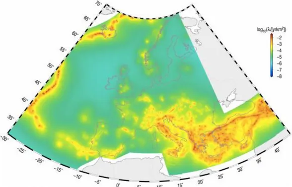 Figur 3.6 Årlig aktivitet av jordbävningar med M w &gt;4.5/km 2  enligt SEIFA-modellen 
