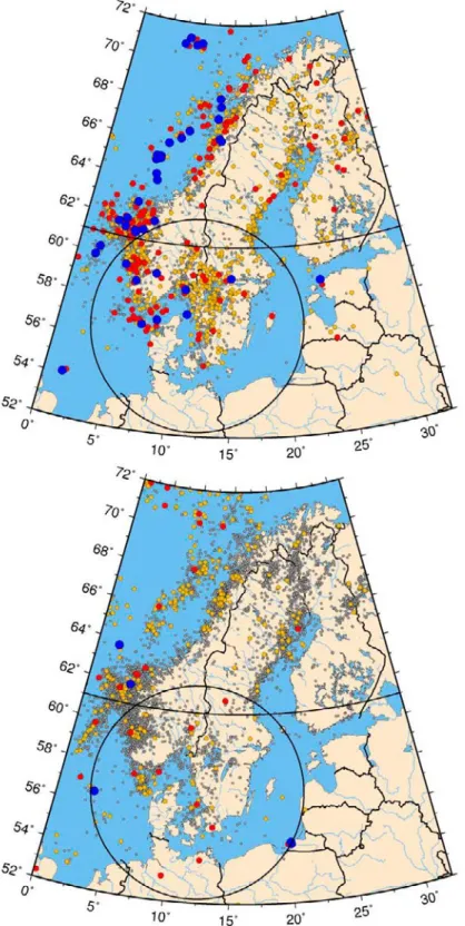 Figure 2. Map of earthquakes from Fencat. Small grey circles, magnitude M &lt; 3, yellow 