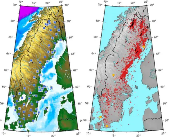 Figure 4. Left) Stations in the Swedish National Seismic Network (SNSN). Right) 