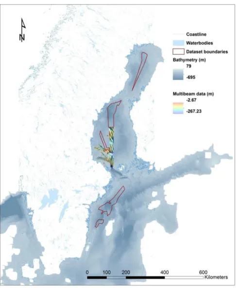 Figure 1.2 The Bathymetric data used for this study. Background bathymetry is from  the Baltic Sea Bathymetry Database at 500 m resolution, multibeam data depicted is  sourced from Sjöfartverket at 5 m resolution, with areas outlined in red mapped from  mu
