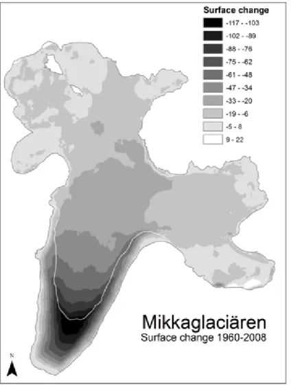 Figure  Figure 2.2. Surface elevation change of Mikkaglaciären between 1960 and 2008,  indicating dramatic thinning over the tongue, with more modest surface lowering in  the accumulation zone