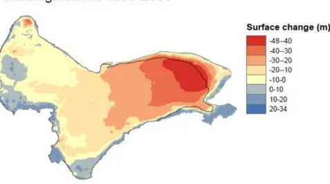 Figure 2.5.Thinning of Mårmaglaciären between 1959 and 2008. The 2014 front  position is depicted in black.