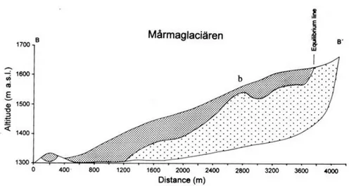 Figure 2.7.The longitudinal profile of Mårmaglaciären from 1995. The grey dotted  surface is cold ice and the white dotted area is temperate ice (Holmlund et al 1996)